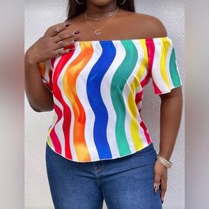Pre-Loved Women’s Off-Shoulder Rainbow Wave Stripe Blouse